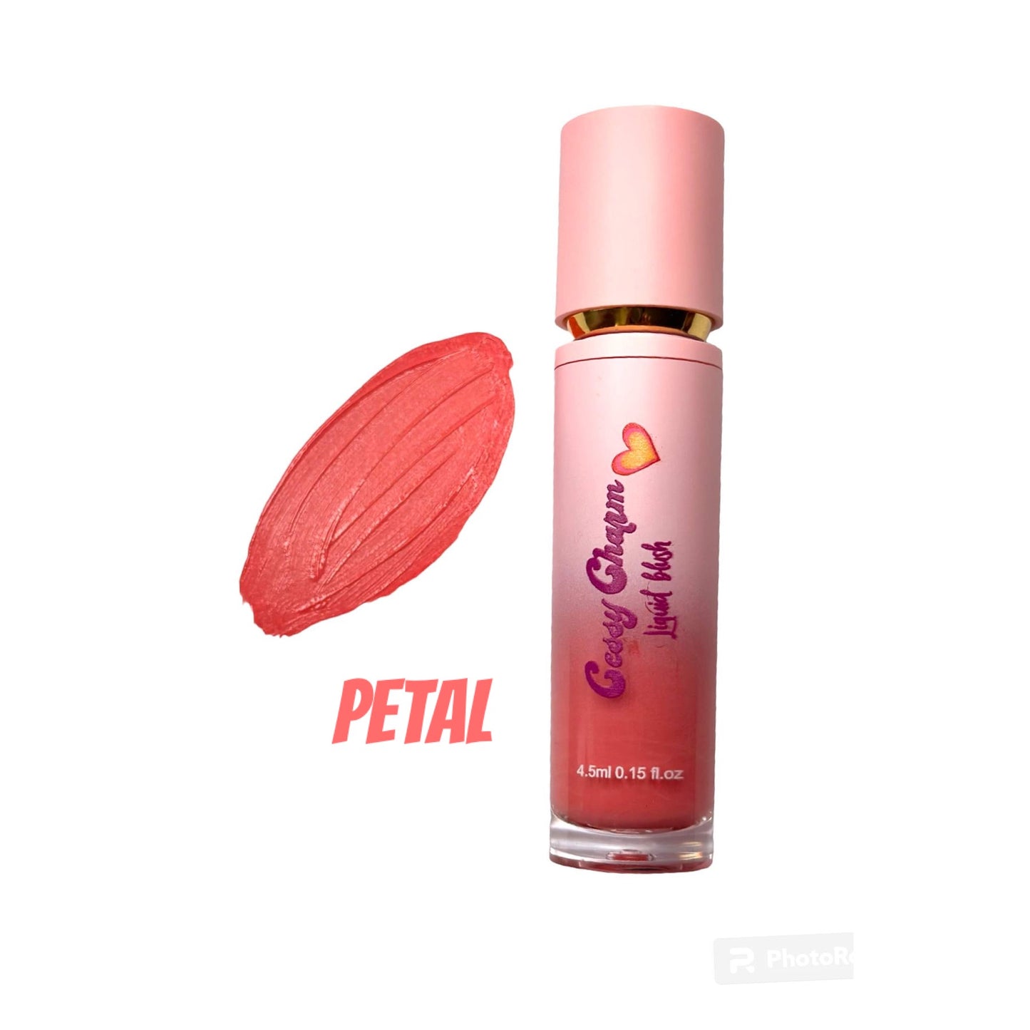 A collection of five liquid blush bottles in pink shades, displayed against a floral background.